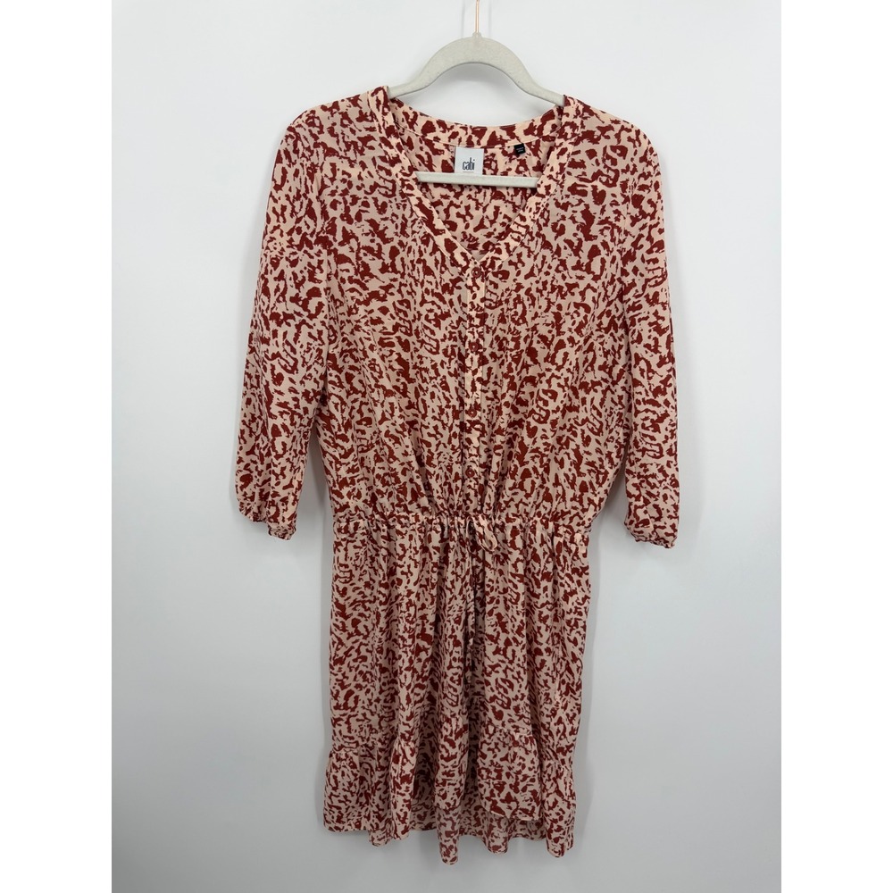 Cabi Sienna 5406 V-Neck‎ Ruffle Hem Dress sz M Rust Cream leopard Print Boho